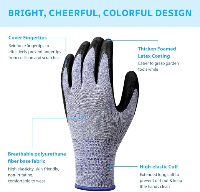 Ainiv 3 Pairs Kids Gardening Gloves Thorn Proof, Soft Rubber Coated Kids Work Gloves with Grippy Gardening Gift