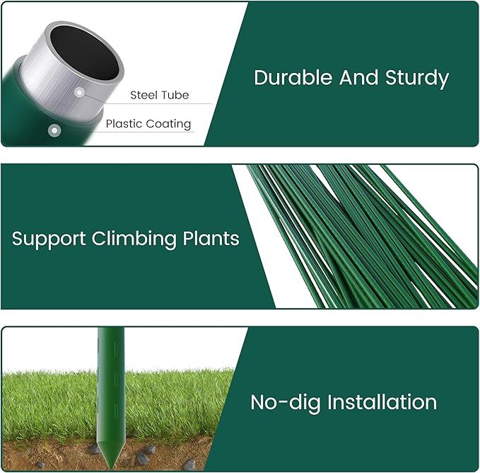 PROWORX 24 Inch 2 Ft Plant Support Garden Stakes 25 PCS, Sturdy Steel Plastic Coated Sticks for Outdoor Growing Climbing, Tomato, Trees, Cucumber, Beans