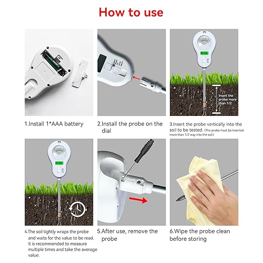 6 in 1 Soil Tester, Digital Soil pH Sunlight Water Fertility Temperature Humidity Meter, with 3 Replaceable Probes, for Garden Farm Home Plant Care