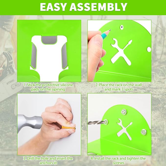 Upgraded Trimmer Rack Wall Mount - 8" Heavy Duty Weed Eater Hanger for Garage Wall, Garden Power Tool Holder Organizer Hooks for Grass Trimmer, Hedge Trimmer, Leaf Blower and Chainsaw, Green, 3 Pack