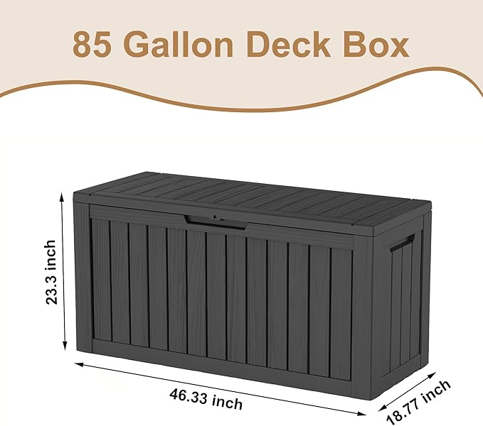 DRATO 85 Gallon Outdoor Deck Box, Weather-Resistant Resin Patio Storage Box with Hydraulic Rod, Large Capacity Storage Bin for Garden Tools, Pool Towels, Outdoor Cushions & Toys (Black)