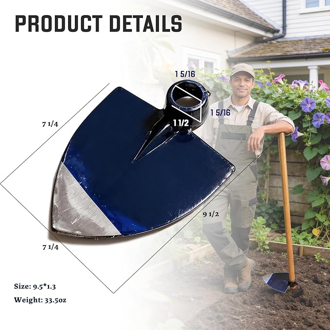 Heavy Duty Pointed Hoe Garden Tool for Soil Digging 2.1 Lb (0.9Kg) - Ultra-Hard Track Steel, Hand-Sharpened Edge, Heat-Treated for Strength & Stable Performance(Not Included Handle)