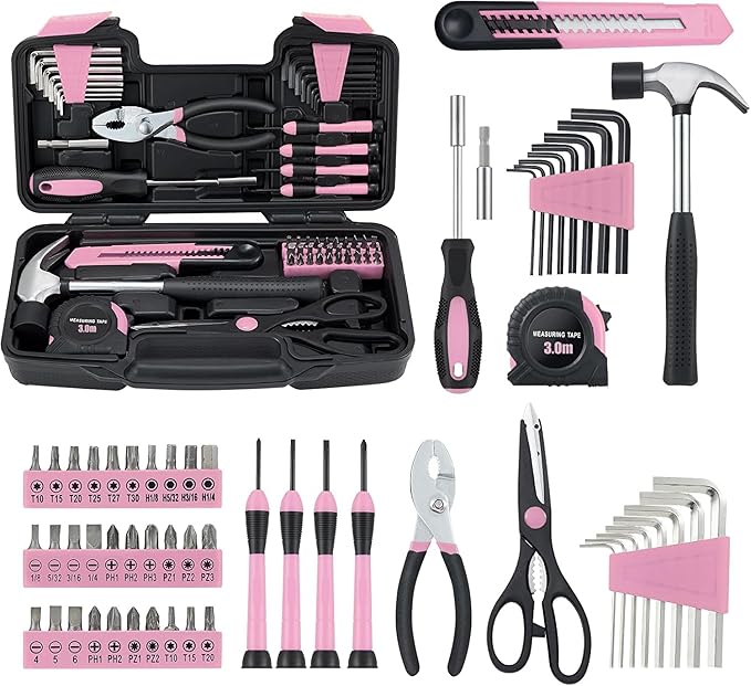 MARTCOLOR 58 Piece Household Tool Set, General Household Hand Tool Kit with Plastic Toolbox Storage Case, All Purpose Household Tool Kit for Women, Girls and Ladies, Pink