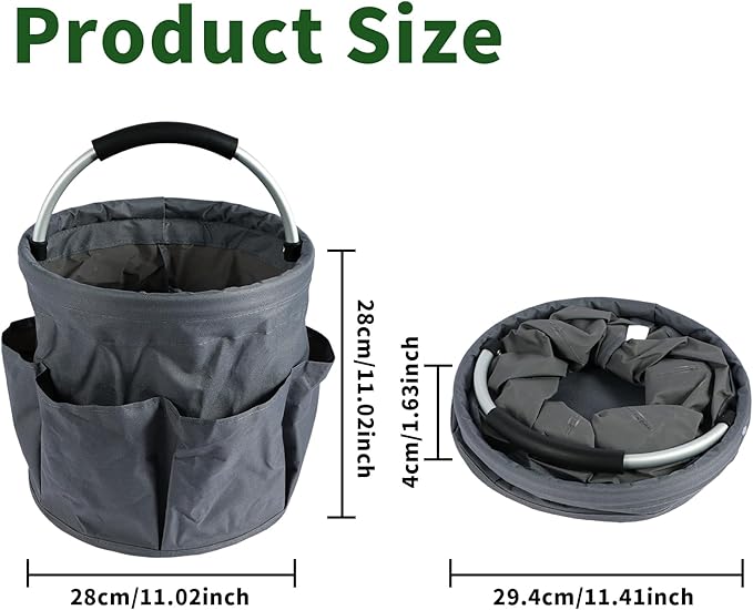 Gardening Storage Tote with Handle and 6 Pockets, Folding Garden Tool Basket, Storage Bag for Outdoor Picnicking, Beachcombing, Bathroom Essentials, Home Shopping, Gray