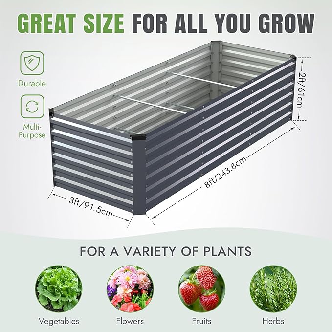 INNO STAGE 8x3x2ft Galvanized Raised Garden Bed, Raised Garden Bed Kit-Metal Planter Box Outdoor, Planting for Vegetables, Fruits, Herbs, Flowers, Grey