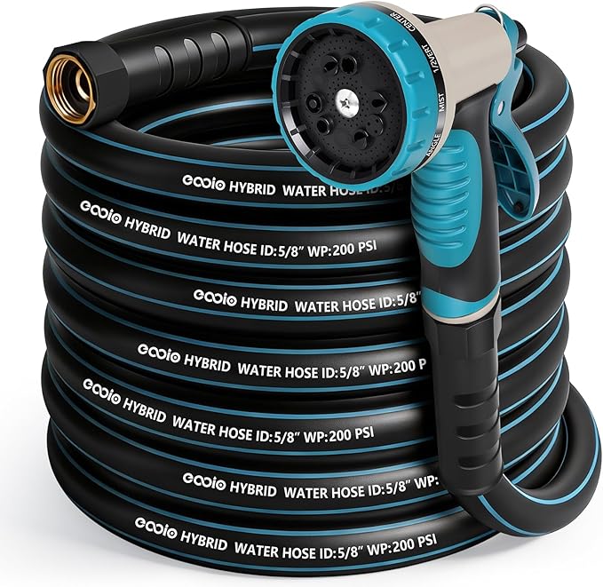 Heavy Duty Garden Hose 50 ft, NON-EXPANDABLE Water Hose with 10 Function Spray Nozzle, Lightweight Kink-less Hybrid Hose with Swivel Handle, Male to Female Fittings