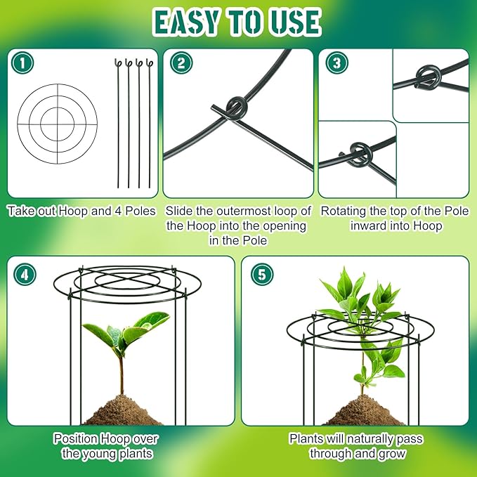 Geelin 15 Pack Peony Cages Bulk 12'' Dx 16'' H Peony Cages and Supports Heavy Duty Metal Plants Grow Through Support Rings Hoops for Outdoor Plants Flower Strawberry Tomato Strawberry(Green)