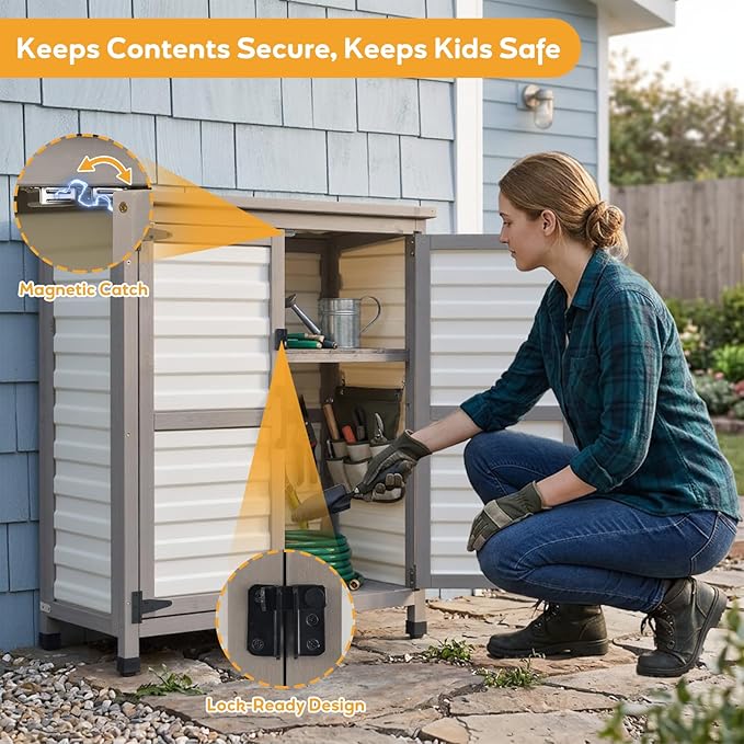 PetsCosset Outdoor Storage Cabinet with Lockable Doors, Wood & Plastic Horizontal Garden Patio Storage Box for Tools Toys Pool Accessories, Easy to Assemble, White