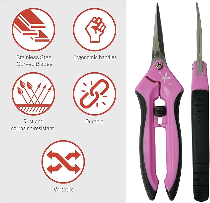 Piranha Pruner Trimming Scissors Garden Shears, Plant Trimmers, Gardening Hand Tools, Curved Stainless Steel Blade, Pink Handle