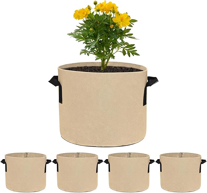 M METERXITY 5-Pack Plant Grow Bags 3 Gallon Grow Bags 300G Thickened Fabric Pots with Durable Handles Plant Garden Grow Pots for Fruits/Vegetables/Flowers/Plants [Khaki]