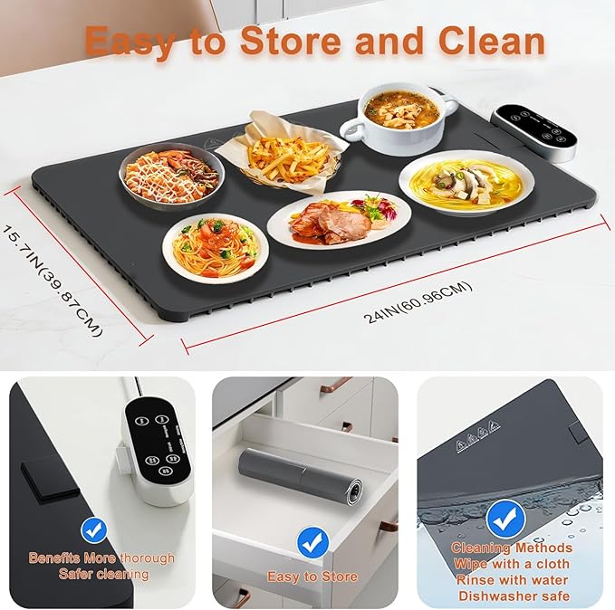 Warming Mat for Food & Food Heating Mat - 6-Temp 4-Hour Timer Electric Silicone Mat, Portable Warmer for Buffet, Party & Family Dining, 24"x15.7"