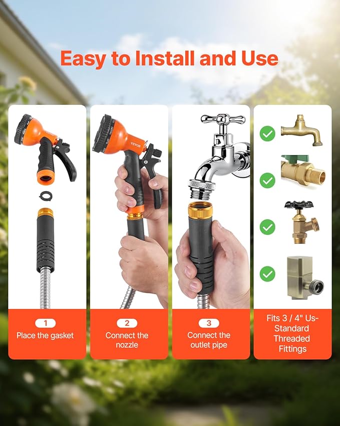 VEVOR Metal Garden Hose 25 ft, Rust Proof Stainless Steel Water Hose, Heavy Duty Backyard Hose with 10 Function Nozzle, No-Kink & Flexible Water Pipe, Lightweight Metal Hose for Yard, Outdoor