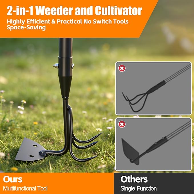 52" Heavy Duty 2-in-1 Hoe & Tiller Rake Garden Tool, 3-Tine Cultivator for Weeding and Soil Loosening, Long Handle Stand Up Digging Tool for Gardening and Planting
