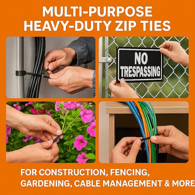 8 inch Zip Ties Black Heavy Duty, UV resistant, Self-locking, Multi-purpose Nylon Cable Ties, Wire Ties for Professionals, Office, Home, Garden, and Cable Management by Nirah