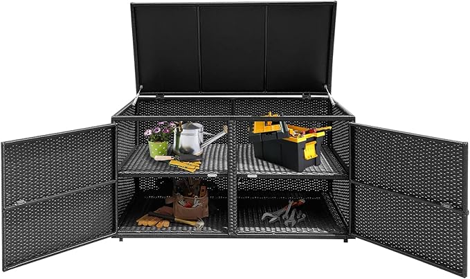 Tangkula Outdoor Wicker Storage Box, Garden Deck Bin with Steel Frame, Rattan Storage Box with Lid, Ideal for Storing Tools, Accessories, 88 Gallon Capacity (Black)