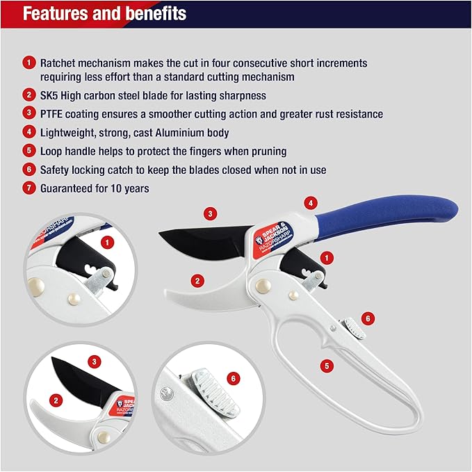 Spear & Jackson Razorsharp Ratchet Anvil Pruners, Heavy-Duty Garden Shears for Cutting Thick Branches with Ratchet Mechanism
