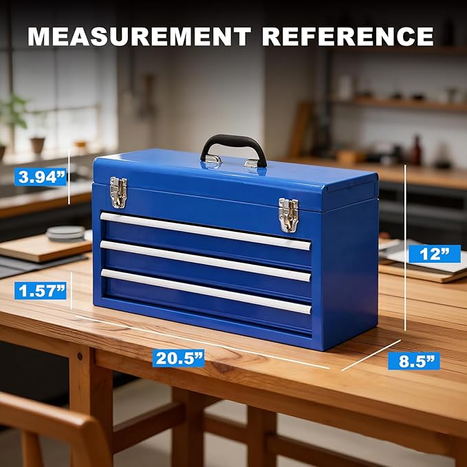 3 Drawer 20“ Metal Tool Box Portable Steel Tool Chest with Metal Latch Closure for Garage, Home and Workbench, Blue