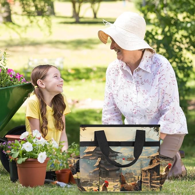 Garden Tool Bag Organizer Garden Tote Bag with Pockets Courtyard Rooster Animal Tool Storage Organizer Gardening Tool Kit Holder 13" x 6.8" x 2.8"