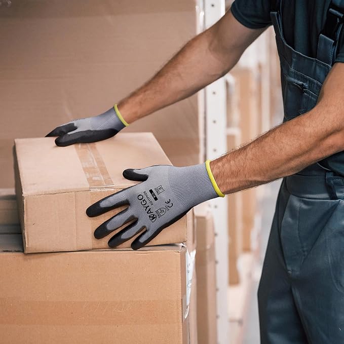 KAYGO Work Gloves for Men and Women, 12 Pairs Seamless Knit PU Coated Safety Gloves, with Smooth Grip on Palm and Fingers, Ideal for Light Warehouse, Manufacturing, Gardening, KG11P (2XL,Gray)