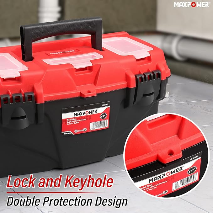 MAXPOWER Tool Box 15-Inch, Plastic Tool Boxes with Removable Tray & Dual Lock Secured For Home