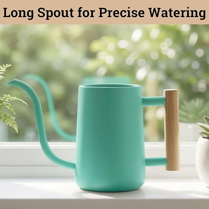 35 oz Metal Small Indoor Watering Can with Long Spout & Real Wood Handle for House Plants, Succulents, Cacti & Seedlings - Green Long Spout Watering Can Indoor Plants - Stylish, Gentle Flow, No Spills