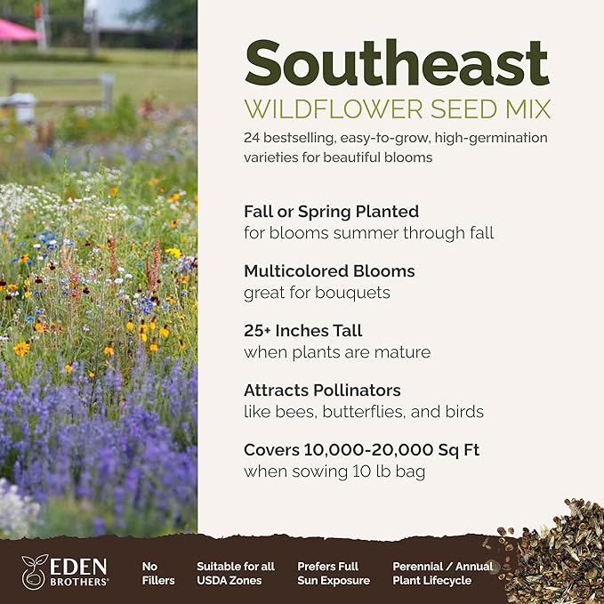Eden Brothers Southeast Wildflower Mixed Seeds for Planting, 10 lb, 4,800,000+ Seeds with Cornflower, Blanket Flower | Attracts Pollinators, Plant in Spring or Fall, Zones 3, 4, 5, 6, 7, 8, 9, 10