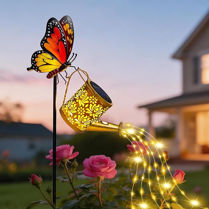 Mothers Day Gifts, Solar Lights Garden Decor, Waterproof Solar Watering Can with Butterfly Garden Stakes, Outdoor Light with Cascading Lights for Outside Patio Lawn Porch, Birthday Gift for Women