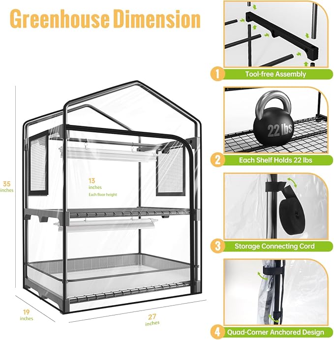 Mini Indoor Greenhouse with Grow Light, 2-Tier Plant Stand with PVC Tent, Ventilation Window, Bottom Pouch, 20W Full Spectrum Grow Light with Timer, for Seed Starting, 27" L x 19" W x 35" H