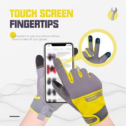 HANDLANDY Work Gloves Mens & Women, Utility Safety Mechanic Working Gloves Touch Screen, Flexible Breathable Yard Work Gloves (XX-Large, Grey&Yellow)
