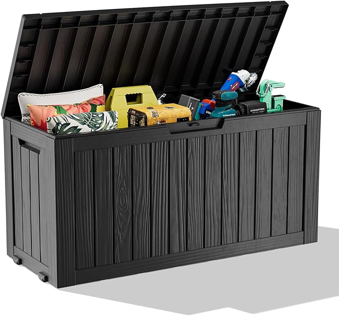 Waterproof Outdoor Storage Box, 75 Gallon Lockable Deck Box, UV-Resistant Outside Storage Bin With Hydraulic Lid For Patio Furniture, Cushion Organizer, Garden Tools, Pool Accessories, Black