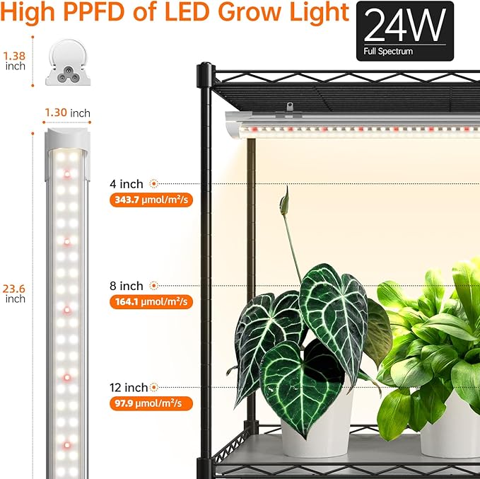 Bstrip 5-Tier Plant Shelf with Grow Light, Large L-Shaped or Long Shape Indoor Plant Stand, 8 Pack 192W T8 Full Spectrum Grow Lights for Indoor Plants & Seed Starting (58L x 13.8W x 59H)