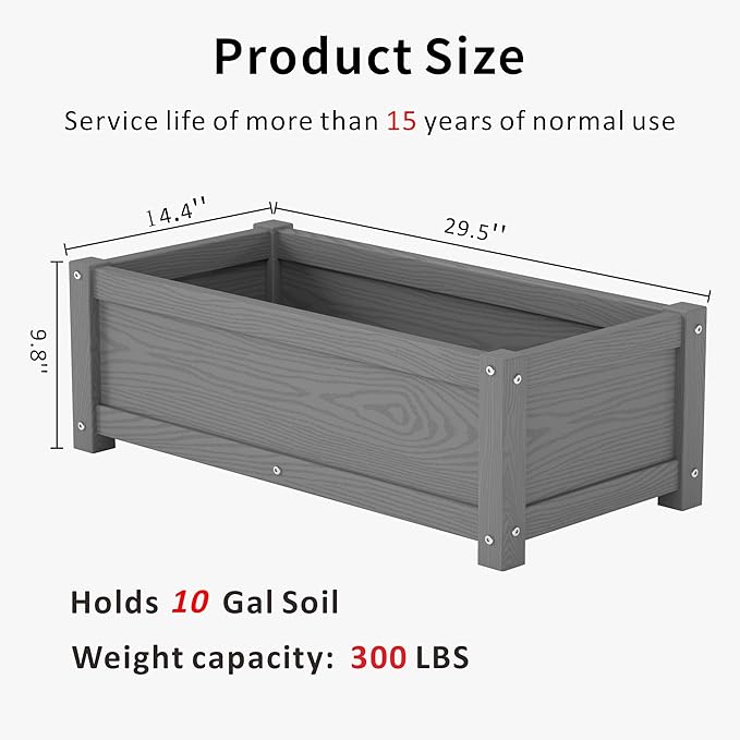 HDPE Raised Planter Box Outdoor,Rot-Resistant and Non-Cracking,Small Raised Beds for Gardening 29.5 * 14.4 * 9.8 in for Yard,Lawn,Outdoor Planter Boxes Rectangle with Drainage Holes Gray