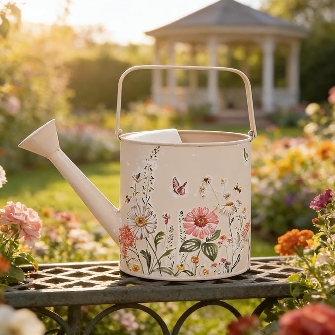 Metal Watering Can Flower Pot with Handle Rustic Farmhouse Water Can for Indoor Outdoor Garden Plants Watering (Pink)