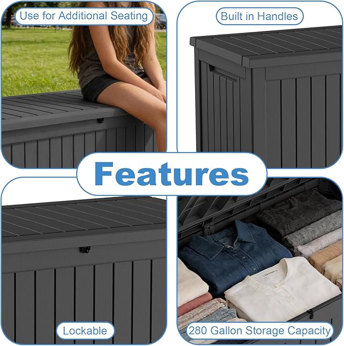 Outdoor Waterproof Resin Storage Deck Box Lockable Outside Bench UV Resistant Bin Patio Porch Furniture Pool Float Garden Tool Cushion (Black, 280 Gallon)