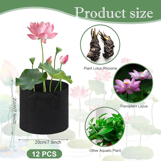 12Pcs Lily Plant Pots for Pond, Aquatic Pond Planter for Pond Durable Breathe Reusable Fabric Plant Bags for Aquatic Plants, Potato, Carrot, Onion, Flower(2 Gallon)