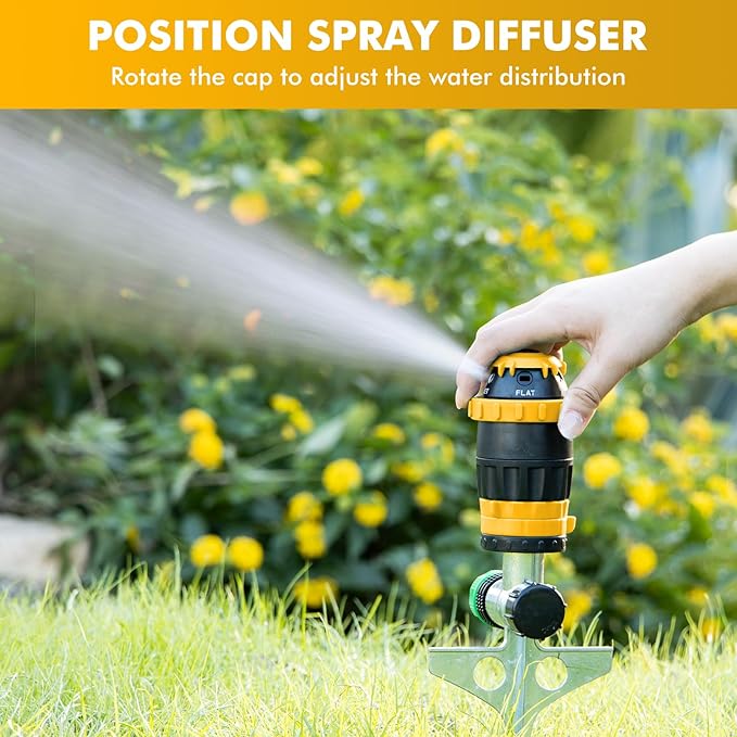 RESTMO Gear Drive Sprinkler with Metal Spike Base, 5-Pattern Heavy Duty Gardening Watering System, Multi-Adjustable Lawn Sprinkle for Garden Plant, Flower Bed and Large Yard Area Watering, Yellow