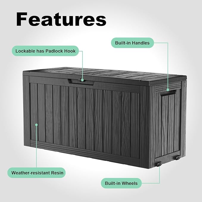 75 Gallon Resin Deck Box, Lockable Outdoor Storage Box for Patio Cushions Storage Furniture,Garden Tools, Pool Supplies, Weatherproof and UV Resistant (Black)