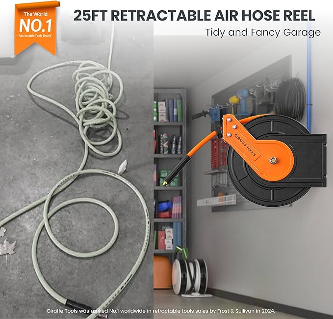 Giraffe Tools TA10B Air Hose Reel 25 ft Retractable Wall Mount Air Compressor Heavy Duty Steel Auto Rewind 300PSI, 25ft, Tangelo