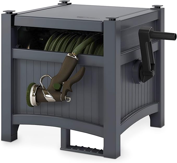 Suncast Garden Hose Hideaway Storage Reel Box, Cyberspace Grey – Resin Outdoor Container, Holds up to 100 Feet of 5/8 Inch Standard Vinyl Water Line – No Assembly Required