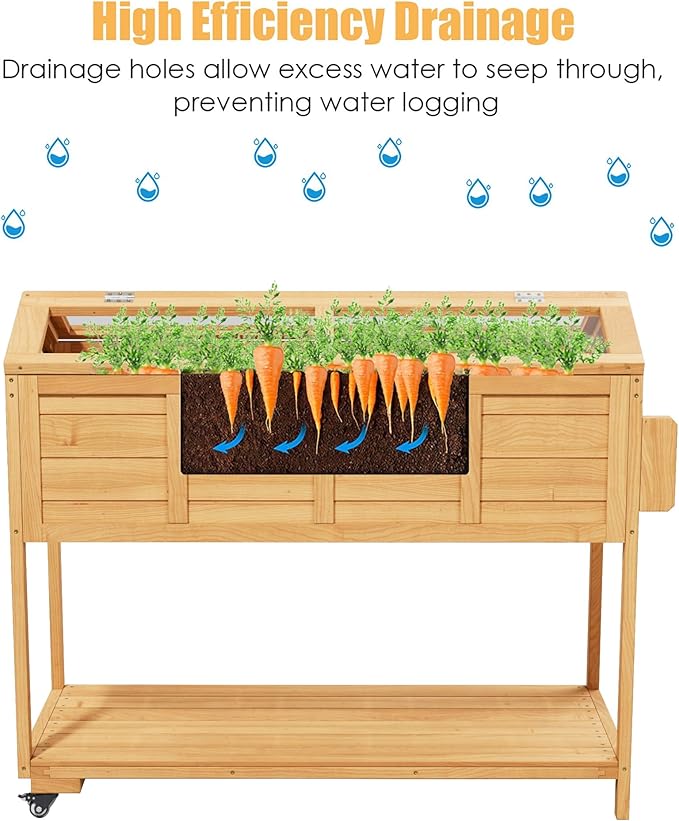Raised Garden Beds on Wheels with Legs and Cover Elevated Herb Planter Box Cart Outdoor with Bed Liner,Storage Shelf,Seed Starter Tray for Backyard Patio Gardener Porch Outside (Country Rustic)