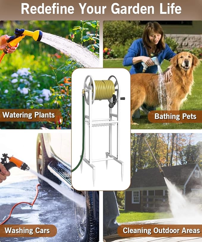 Garbuildman Ground Mount Garden Hose Reel Holds 125 Feet of 5/8-Inch with 3.9 ft Leader Hose, Brass Fitting, Water Hose Holder Stand with Storage Rack & 4 Spikes Base for Outdoor Lawn, White