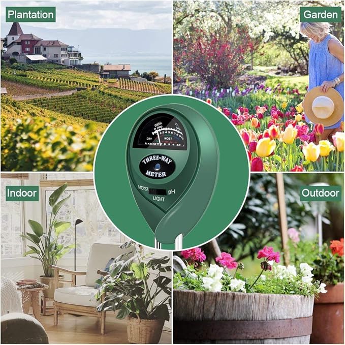 Soil Meter, 3-in-1 Soil Moisture Sunlight pH Tester, No Battery Needed, Soil Hygrometer Moisture Sensor Plant Tester Kits Indoor & Outdoor(Home, Lawn, Garden, Farm)