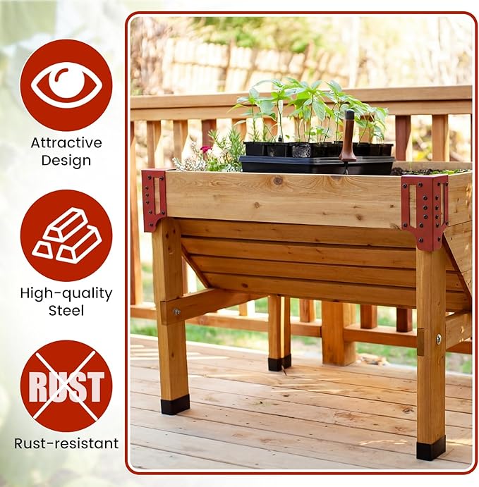 12 Pack Raised Garden Bed Corner Brackets with Securing Lip Fits Lumber up to 2" x 12" Metal Garden Corner Bracket for Wood Frame Bed 4.7" L x 2" W x 10.5" H (Sand Red)
