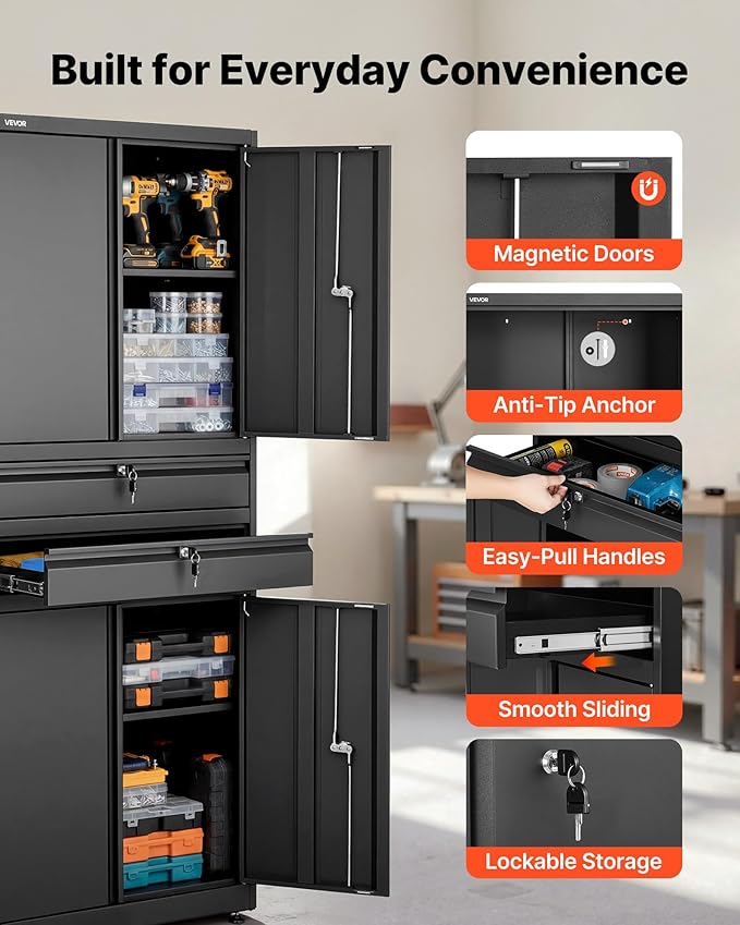 VEVOR Metal Storage Cabinet, 180 lbs Shelf Load Capacity, 70.87" Tall Garage Tool Storage Cabinet with 4 Locking Doors and Adjustable Shelves, 2 Drawers, for Garage, Home, Office, Utility Room, Black