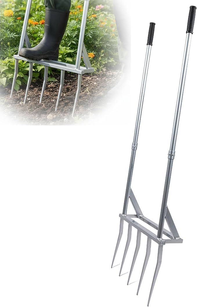 5-Tine Heavy Duty Broadfork, Rust-Resistant Professional Garden Fork with Widened Foot Pedal, High-Strength All-Steel Soil Tiller for Aerating Clay Soil, Easy Assembly Tool for Farming