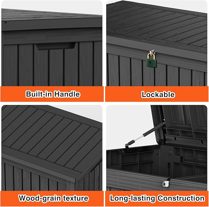 Outdoor Storage Box 180 Gallon Waterproof, Large Lockable Resin Deck Box Patio Storage Bin for Pool Accessories Cushion Furniture, Garden Tools, UV-Resistant Outside Delivery, Black