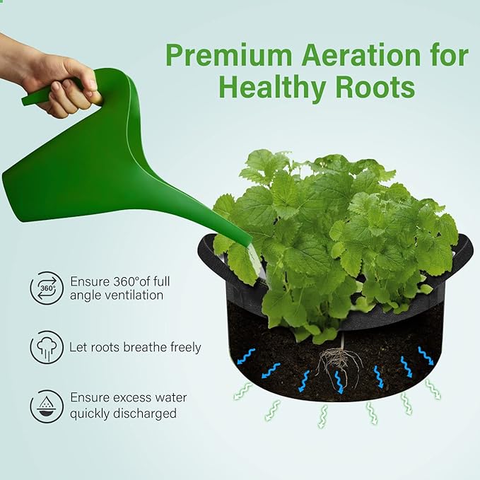 iPower 15-Gallon 5-Pack Grow Bag Thickened Nonwoven Fabric Pots Heavy Duty Aeration Container with Strap Handles for Garden and Planting Vegetable Flowers, Black with Green Stitch Sewing