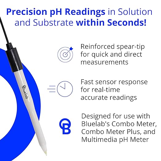 Bluelab PROBPH pH Probe for Water, Replacement Electrode for Meter, Monitor, and Controller with Easy Calibration, Tool for Hydroponic System and Indoor Plant Grow