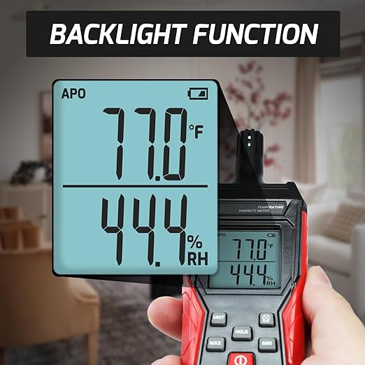 Humidity and Temperature Meter Digital Temperature&Humidity Meter, High Precision Psychrometer with 0-100% Relative Humidity, -4°F-140°F Ambient Temperature, Large LCD Backlight, Hold Max Min Display