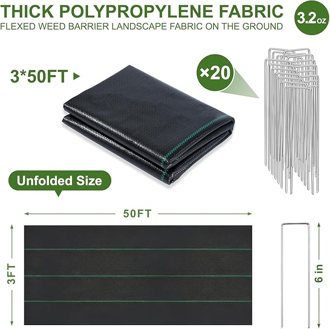 3FT x 50FT Weed Barrier Fabric Heavy Duty, 3.2oz Landscape Fabric with 20 U-Shaped Stakes of Garden Fabric Weed Barrier, Ground Cover for Gardening, Farming Landscaping Fabric